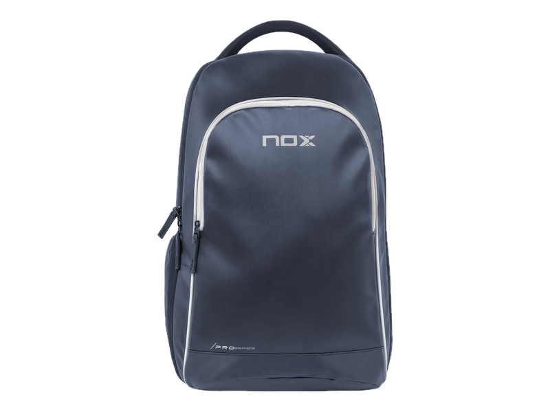 A navy blue NOX PRO Series padel backpack with gray trim, a top handle and a front zippered pocket