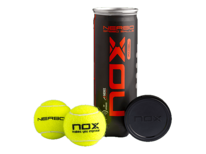 A black and red NOX NERBO ball can beside two displayed yellow balls and the lid; the selected can contains three balls