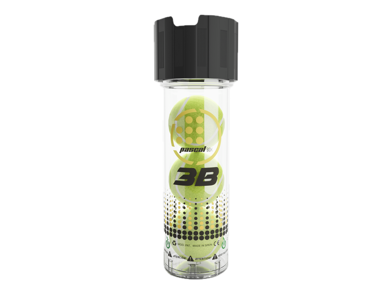 A clear Pascal Box 3B ball pressurizer with a black lid and three yellow balls inside to illustrate its capacity