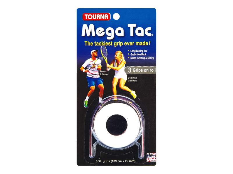 A blue and black Tourna Mega Tac package containing three rolled white overgrips and finishing tape