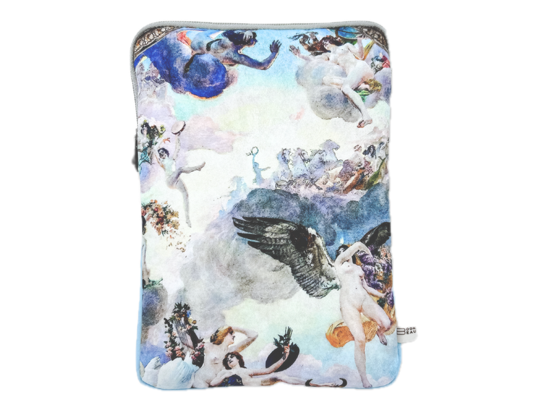 Book Beau's Heavenly Bodies padded book sleeve with a blue, cream and gold celestial art print and zipper