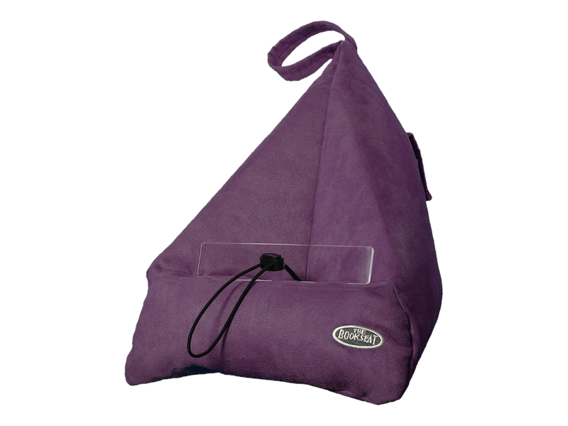 An Aubergine Purple Book Seat with its clear page holder, black adjustment cord and top carrying loop