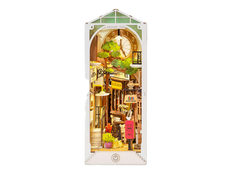 The completed Rolife Sunshine Town TGB02 book nook, with miniature shopfronts and warm lights; sold as an assembly kit