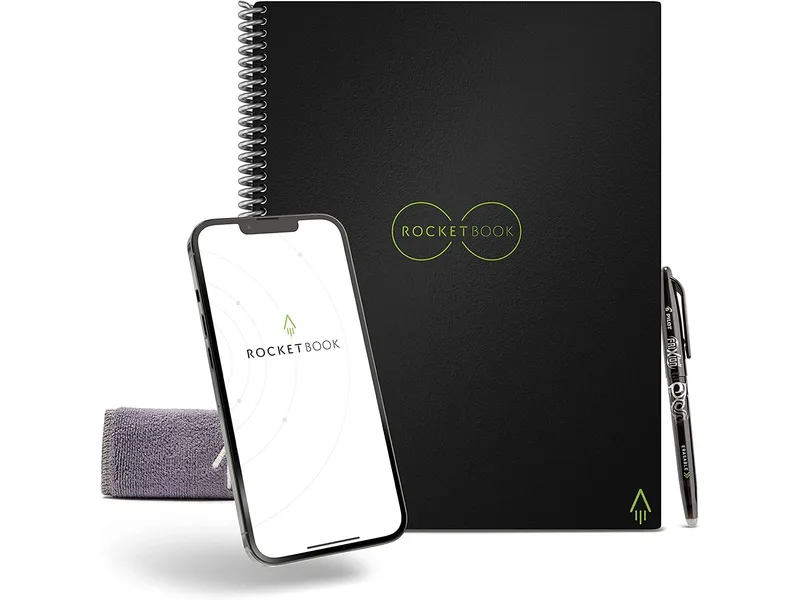 Black Rocketbook Core Executive notebook with dotted pages and a Pilot FriXion pen
