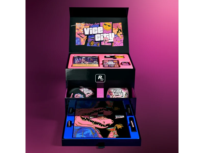 Rockstar's open black and pink Vice City collector's box with its figure, accessories and Macca the Gator mirror