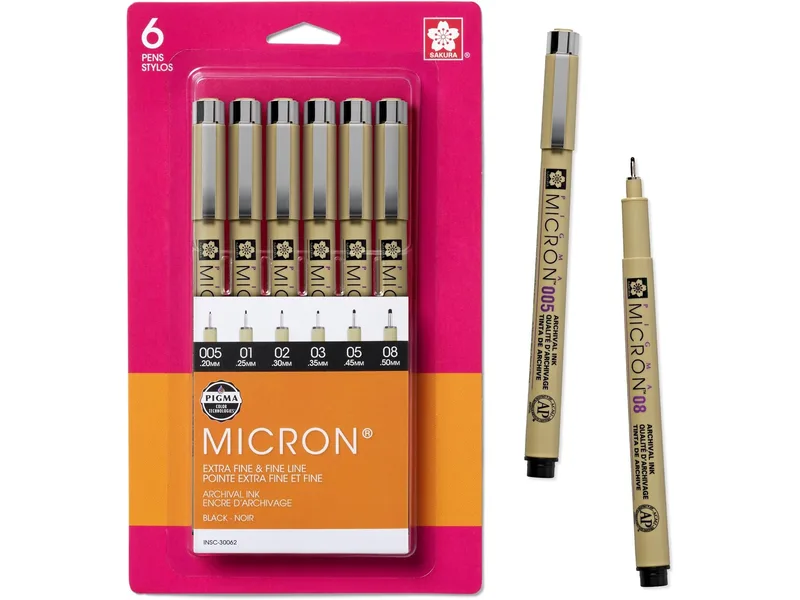 Sakura Pigma Micron pack of six beige-barreled black-ink pens in assorted tip sizes
