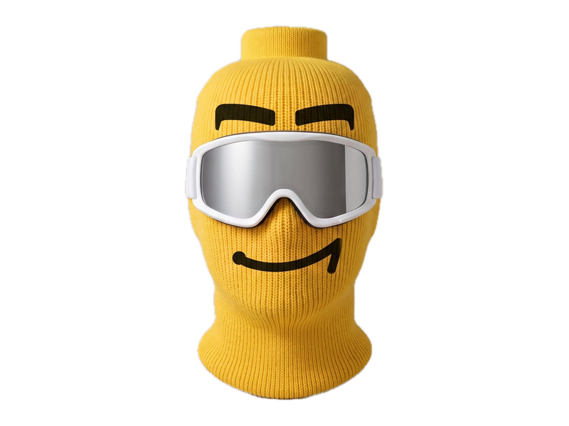 A yellow knitted Blockhead Smirk mask with black eyebrows and an asymmetric smile, styled with white-framed silver goggles that are not included