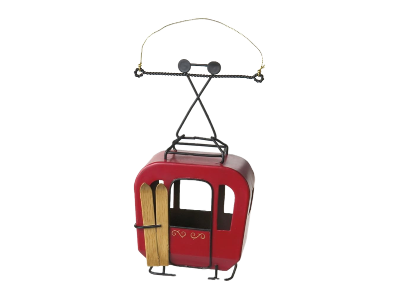 A red Midwest-CBK metal ski gondola ornament with a pair of small wooden skis on its side and a gold hanging cord