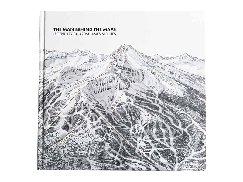 The hardcover of The Man Behind The Maps by James Niehues, with a black-and-white drawing of a mountain and ski trails