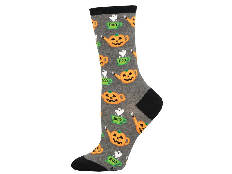 Charcoal Socksmith crew socks decorated with orange pumpkin teapots