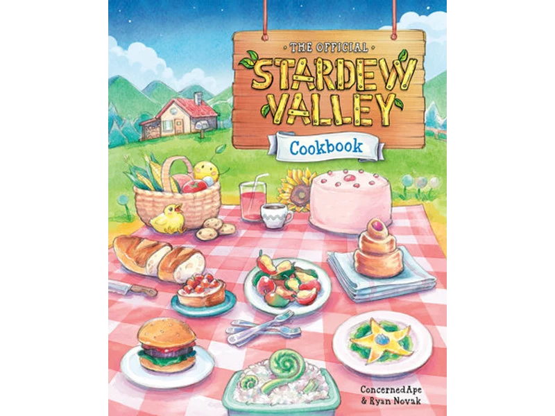 Illustrated hardcover of The Official Stardew Valley Cookbook with a picnic table of dishes