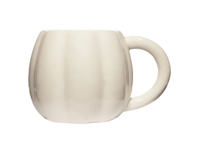 Cream ceramic Sweet Water Decor mug with a rounded ribbed pumpkin shape