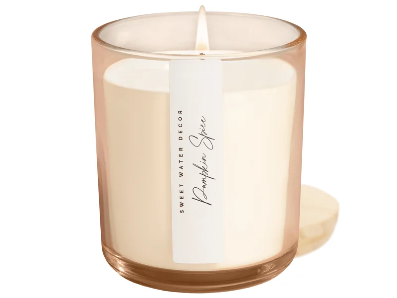 Sweet Water Decor Pumpkin Spice candle in a beige glass jar with a wooden lid