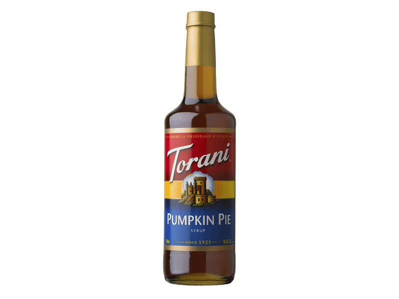 Glass bottle of Torani Pumpkin Pie Syrup with a gold cap