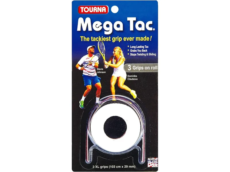 Tourna Mega Tac package containing three white overgrips on a roll