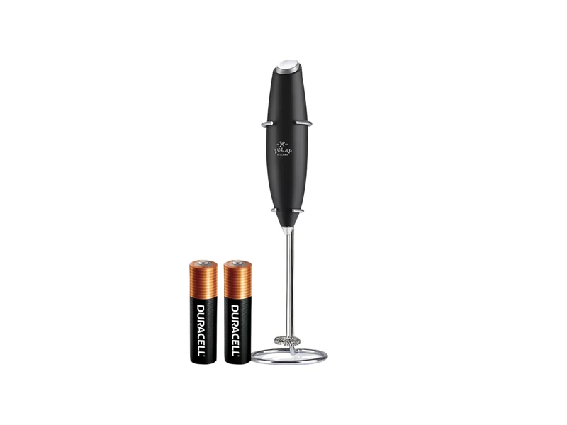 Black Zulay handheld milk frother with its metal storage stand